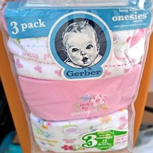 Gerber 12 Months 3 Pack Baby Girl's Long Sleeves Onesies Snaps Between The Legs